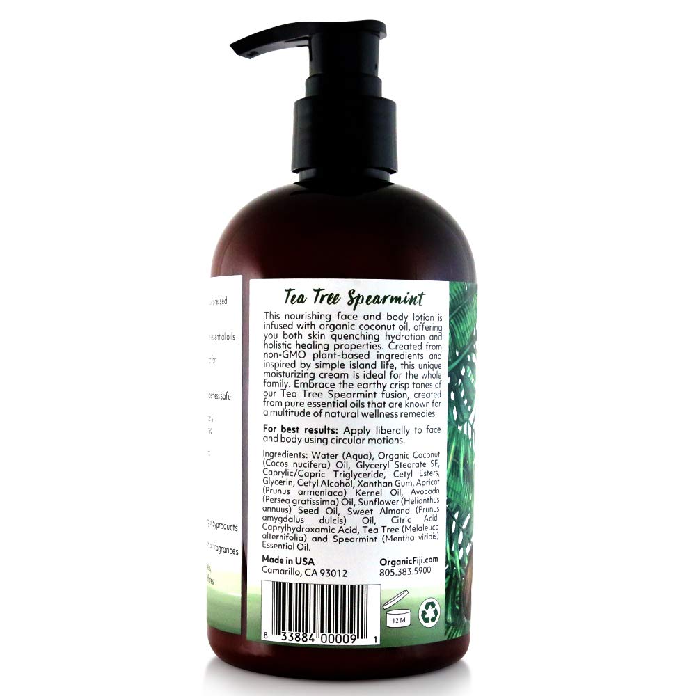 Organic Fiji Moisturizing Face and Body Organic Coconut Oil Lotion Tea Tree Spearmint 12 Ounce